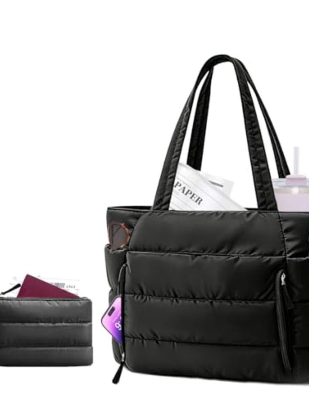 Quilted Nylon Work Tote Bag with Laptop Compartment & Tumbler Holder